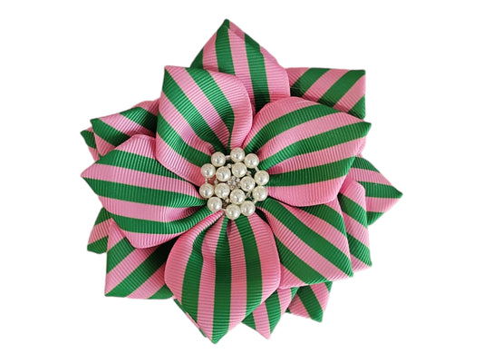 Pink and Green Striped Jeweled Brooched Flower