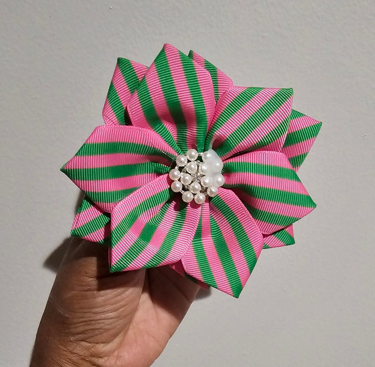 Pink and Green Striped Jeweled Brooched Flower